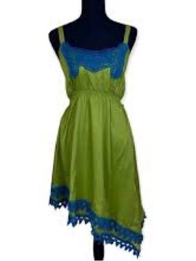 Matilda Jane Green Dress with Blue Trim Asymmetrical Hem